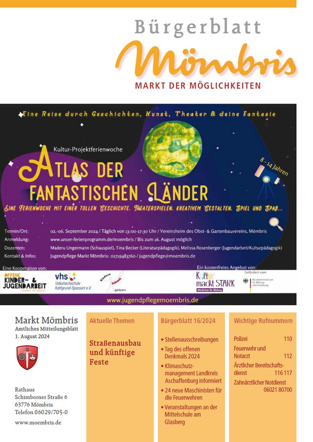 Titelbild Bürgerblatt Nr. 16/2024 mit dem Titelbild Flyer zur Kultur-Projektferienwoche „Atlas der fantastischen Länder“, welche vom 2. bis 6. September 2024 stattfindet.