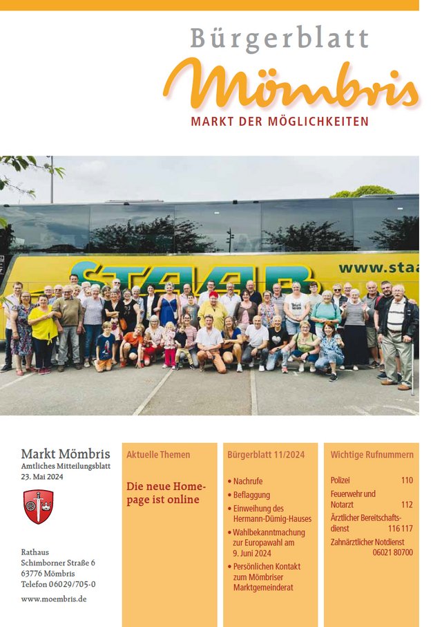 Titelbild Bürgerblatt Nr. 11/2024 mit dem Titelbild Besuch einer Delegation aus Mömbris bei den französischen Freunden, der vom 9. bis 12.5.2024 zum 35-jährigen deutsch-französischen Partnerschaftsjubiläum stattfand.
