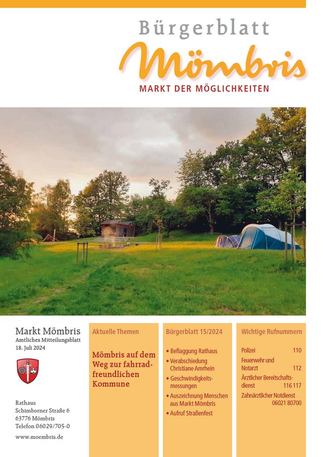 Titelbild Bürgerblatt Nr. 1/2024 mit dem Titelbild des Zeltplatz in Schimborn während den Vater-Kind-Outdoortagen, die als Kooperation zwischen dem Familienstützpunkt Mömbris und der Jugendpflege Mömbris im Mai 2024 stattgefunden haben. 