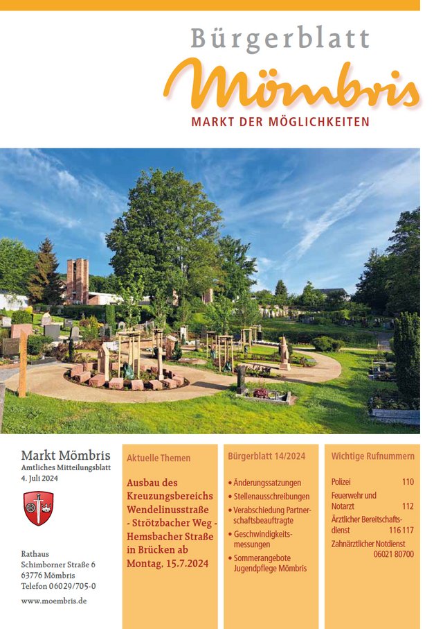 Titelbild Bürgerblatt Nr. 14/2024 mit dem Titelbild des alten Friedhofes Mömbris nach der Sanierung.