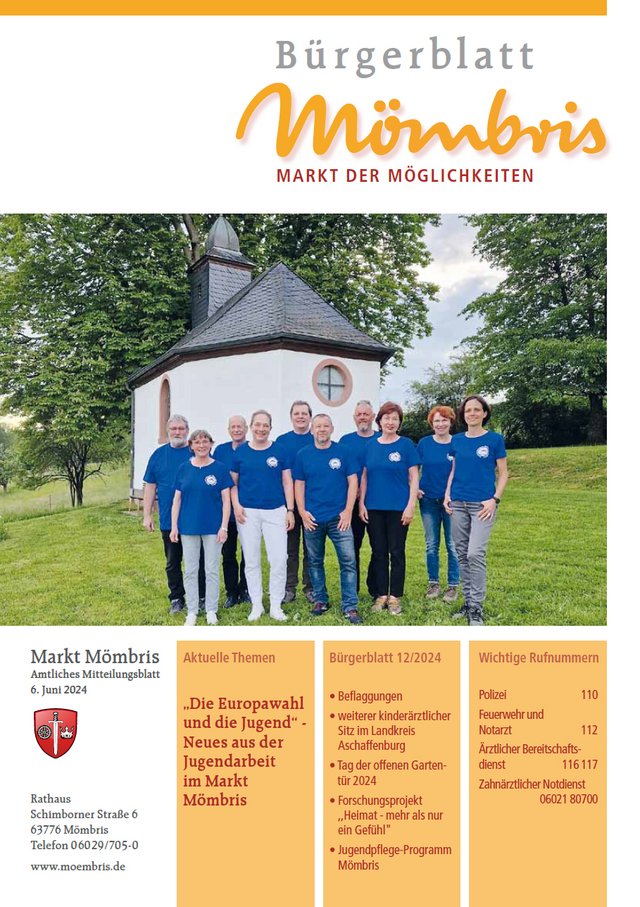 Titelbild Bürgerblatt Nr. 12/2024 mit dem Titelbild Verein zur Erhaltung der Hüttenberger Kapelle e. V., der die Kapelle mit neuer Vorstandschaft und Beisitzer hegt und pflegt.